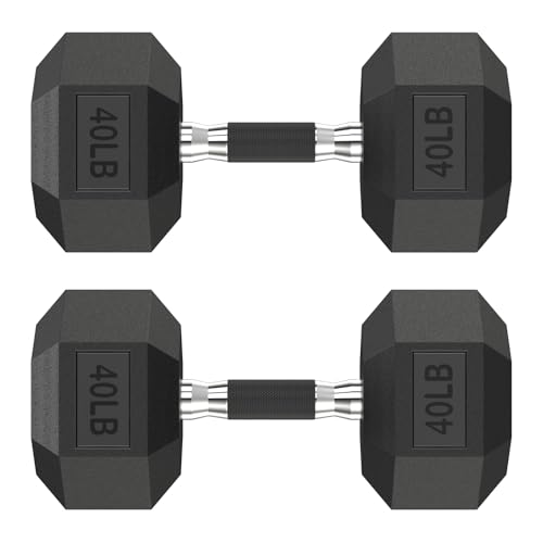 HANDBODE Rubber Encased Hex Dumbbell Pair, 2.5-65 lb | Non-Slip Handle Design for Secure & Comfortable Grip, Hand Weights for Strength Training, Fitness & Home Gym - size: 40 lb, Pair, style: Comfort Grip