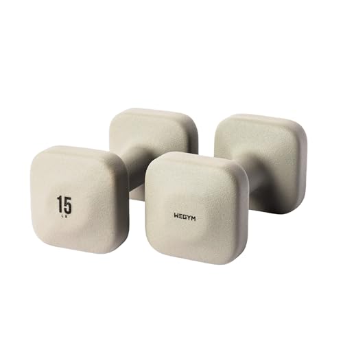WeGym SafeGrip Square Dumbbells with Anti Slip Handles, Aesthetic Free Weights for Home Workouts, Stable Design Prevents Rolling during Floor Exercises - color: Sandstone, style: 15LB Pair