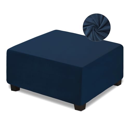 NeColorLife Velvet Square Ottoman Cover,Stretchable Footrest Stool Slipcover with Elastic Band for Rectangle and Square Storage Ottoman(Large,Navy Blue) - color: Navy Blue, size: L Length: 35"-45",Width: 31"-43"