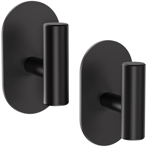 Aikzik Black Adhesive Hooks Heavy Duty, Wall Hooks for Shower, Bathroom, Towel, Coat, Robe, Stainless Steel Hooks for Hanging, Waterproof & Rustproof Sticky Hooks for Walls No Damage- 2 Pack - color: Black-2Pack