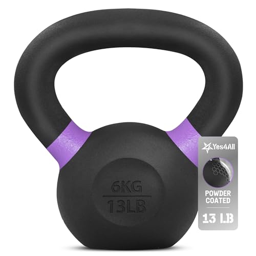 Yes4All Powder Coated Kettlebell, Cast Iron Core Kettlebells with Non-Slip Handle & Flat Bottom for Conditioning, Heavy Duty for Strength Training, 9lb to 71lb - Single & Pair - color: Purple, style: A. Single