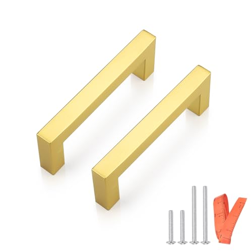 Probrico 5 Pack Square Gold Kitchen Cabinet Pulls 3-3/4 Inch Stainless Steel Brushed Brass Cabinet Handles Square Corner Bar Polished Gold Dresser Drawer Pull Handles Total Length 4-1/4 Inch - color: Gold, size: Hole Center: 96mm(3.75inch)