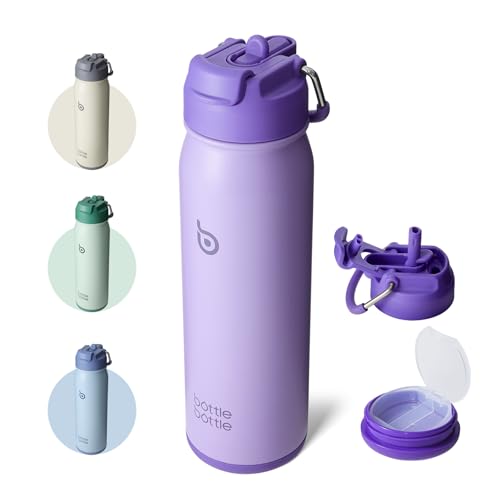 BOTTLE BOTTLE 24oz Insulated Water Bottle Stainless Steel Sport Water Bottle with Straw and Adjustable Lid Daily Pill Organizer - color: purple