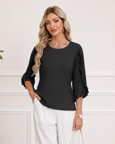 3/4 Length Sleeve Womens Tops Crewneck Ruffle Sleeve Shirts Dressy Casual Blouse Summer Fall Fashion Business Outfit - color: Black, size: Large