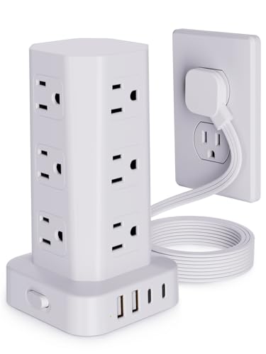 Power Strip Tower Surge Protector, 10FT Flat Plug Extension Cord with Multiple Outlets, 12 AC Outlets 4 USB (2 USB C), Desktop Charging Station with Surge Protection for Home Office Dorm Room, White - color: White, size: 10FT