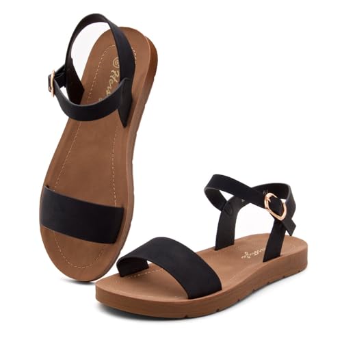 Herstyle Flat Sandals for Women – Open Toe 1 Band Ankle Strap Summer Dressy Sandals, Lightweight Casual Strappy Slip-On Flats with Adjustable Buckle - color: Black, size: 9