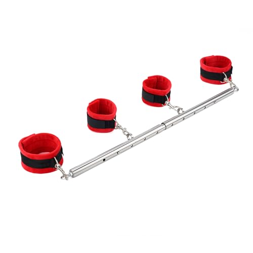 3 in 1 Heavy Duty Stainless Steel Expandable Spreader Bar with 4pcs PU Rose-Gold Adjustable Straps,Workout Bar for Home Gym Training Bar,Portable Detachable Pilates Kit - style: Silver+Red Furry Kit