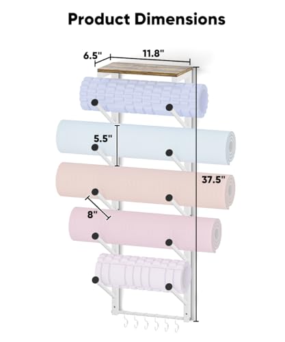 5 Tiers Yoga Mat Holder Rack Wall Mount with 6 Hooks for Hanging Accessory Yoga Strap Foam Rollers Resistance Bands, Yoga Mats Organizer with Floating Shelf for Home Gym Storage Fitness - color: White