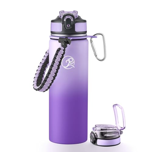 GOSWAG 24oz Insulated Stainless Steel Travel Water Bottle, 2 Lids | with straw and no straw, Paracord handle, Double-wall vacuum keeps drinks cold or hot, Leakproof tumbler - color: Pink-Purple Ombré