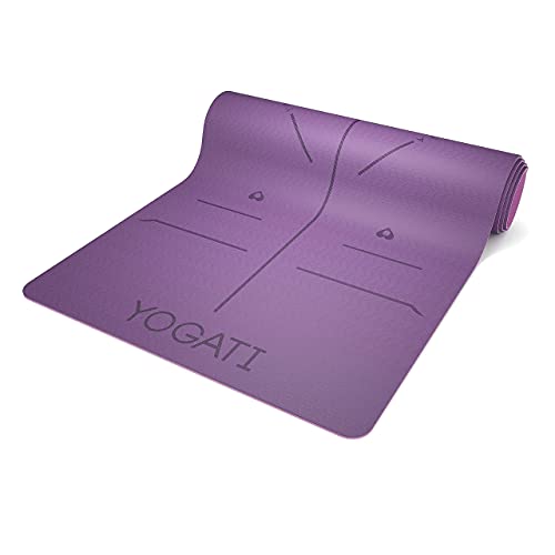 YOGATI® Yoga Mat with Strap with Alignment Lines. Home Workout Mat for Women, Men and Kids. Thick Non Slip Yoga Mat for Pilates and Fitness. Brown, Pink and Purple Yoga Mats - color: Purple