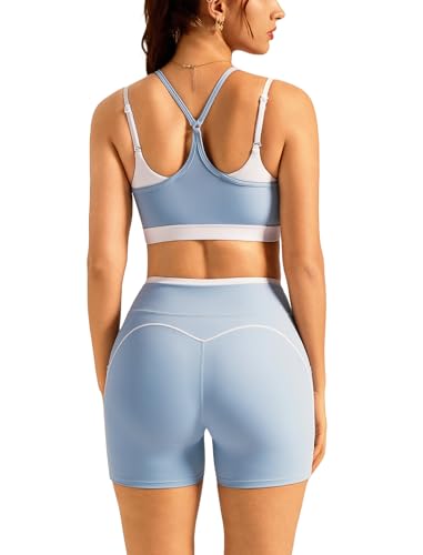 Double Layer Workout Sets for Women 2 Piece Matching Gym Set High Waist Shorts with Pockets Sports Bra Yoga Pilates Outfits - color: Blue, size: Large
