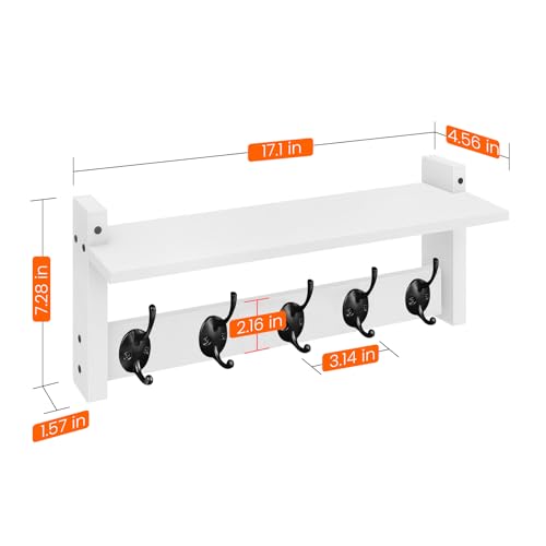 Homode Wall Shelf with Hooks, Coat Rack Wall Mount with Pegs, Hanging Entryway Coat Hanger, Wood and Iron Shelf for Bathroom, Hallway, Bedroom, White - color: White, size: 17.1 Inch Long
