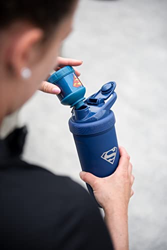 Smartshake DC Comic Bundle - Superman Protein Shaker Bottle – 900ml Leakproof Stainless Steel Shaker Bottle with 50g Protein Powder Storage Funnel