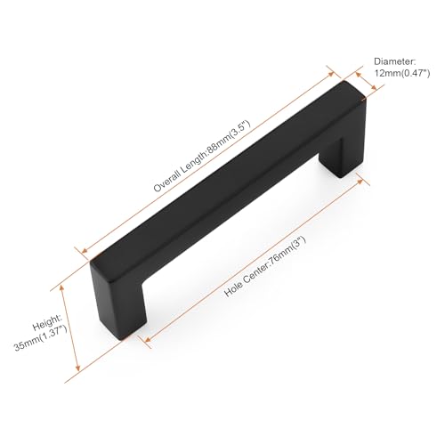 5 Pack Probrico Black Kitchen Cabinet Pulls,Stainless Steel 3inch Hole Centers Cabinet Handles,Stainless steel Square Corner Bar Black Dresser Drawer Pull Handles - color: Black, size: Hole Center: 76mm(3inch)