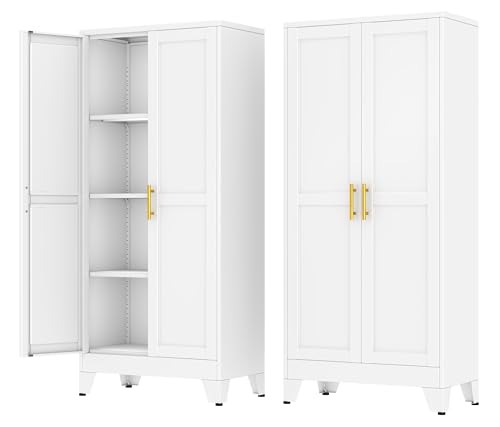 Metal Storage Cabinet with 2 Doors and 3 Adjustable Shelves - 61" Steel File Cabinet,Tool Cabinets for Office,Home,Garage,Gym,School,Bathroom,Kitchen(White) - color: White, size: 61H