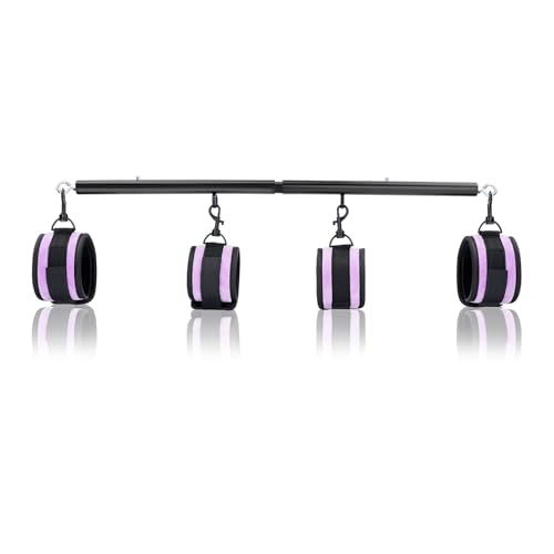 Spreader Bar Heavy Duty Stainless Steel Expandable Silver Bar Home Gym with 4pcs Furry Purple Adjustable Straps,Sports Aid Training Fitness Gear Pilates Aid Kit - style: Black+Purple Furry Kit