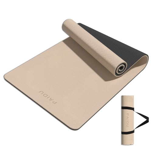 PAIDU Yoga Mat 8mm TPE Non‑Slip Fitness Mat with Strap for Home Workouts | SGS Certified, Odorless, Tear‑Resistant, Unisex, for Yoga, Pilates, Meditation, Home & Gym Workouts - color: Beige&Black