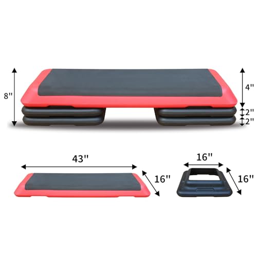 Adjustable Height Aerobic Step Platform with 4 Risers, Lightweight 11lbs Exercise Step Platform & Fitness Step with Non-Slip Surface for Workouts, Home, Gym and Fitness - color: Black+Red