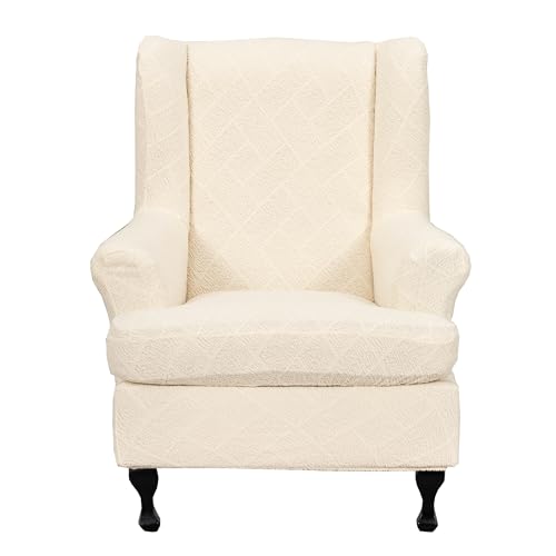 CRFATOP 2 Piece Stretch Wingback Chair Cover Jacquard Wing Chair Slipcovers Spandex Fabric Wingback Armchair Covers with Elastic Bottom for Living Room Bedroom Wingback Chair,Beige - color: Color C27-beige