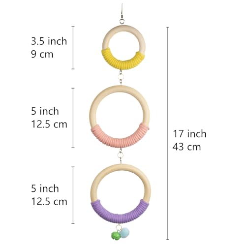 3-Ring Bird Wooden Swing with Bell Climbing Toy Chewable Cotton Rope Perch for Cage Cockatiels Budgies Parakeets Lovebirds 17 Inch