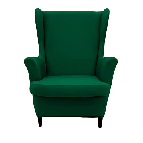 NILUOH Wingback Chair Cover 2-Piece Soft Stretch Wing Chair Slipcover Solid Color Armchair Sofa Couch Cover Furniture Protector with Elastic Bottom for Living Room Bedroom (Dark Green) - color: Dark Green