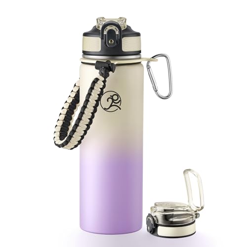 GOSWAG 24oz Insulated Stainless Steel Travel Water Bottle, 2 Lids | with straw and no straw, Paracord handle, Double-wall vacuum keeps drinks cold or hot, Leakproof tumbler - color: Beige-Purple Ombré