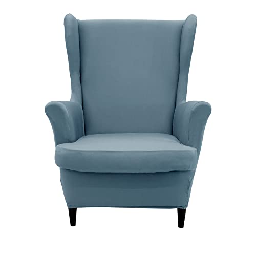 NILUOH Wingback Chair Cover 2-Piece Soft Stretch Wing Chair Slipcover Solid Color Armchair Sofa Couch Cover Furniture Protector with Elastic Bottom for Living Room Bedroom (Gray-Blue) - color: Gray-blue