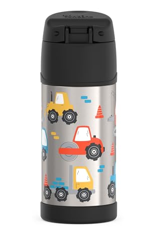 THERMOS FUNTAINER Water Bottle with Straw, 12oz, Construction Site | Kids Stainless Steel Insulated Water Bottle, Keeps Drinks Cold Longer for School & Play, BPA-Free - color: Construction Site, size: 12 Ounces