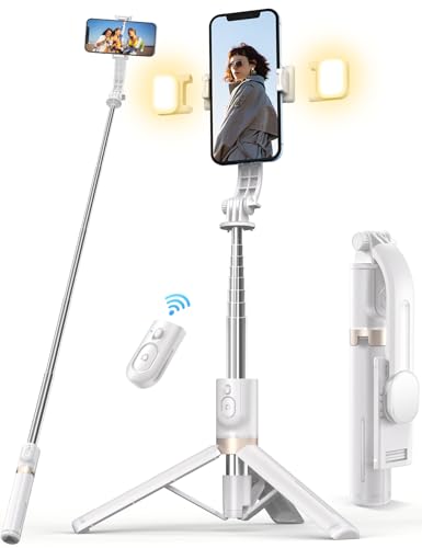 45'' Selfie Stick with Light, Travel Tripod Essentials with Wireless Remote | Portable Cell Phone Tripod Stand, Beach Cruise Ship Essentials for family, Compatible with 4-7.2" All Smartphone - color: White - 45" Standard Height
