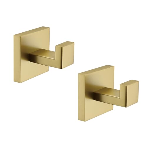 TASTOS Bath Towel Hooks Brushed Gold, 2 Pack Stainless Steel Robe Coat and Clothes Hook, Heavy Duty Wall Hook for Bathroom & Kitchen, Modern Square Style Wall Mounted… - color: Brushed Gold, size: Square (2 Pack)