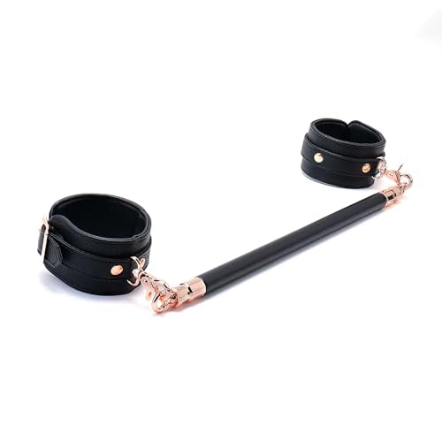 Spreader Bar Wooden Black PU Bar Home Gym with 2pcs Furry Black Adjustable Straps,Sports Aid Training Fitness Gear Pilates Aid Kit,Indoor Yoga Set - style: Black-Gold+Black Overlap Kit