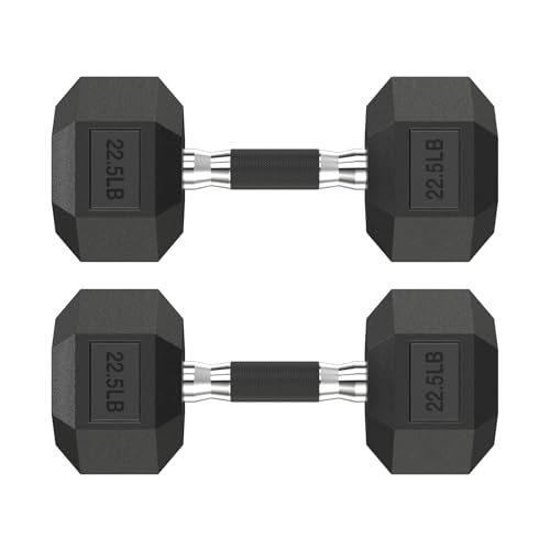 HANDBODE Rubber Encased Hex Dumbbell Pair, 2.5-65 lb | Non-Slip Handle Design for Secure & Comfortable Grip, Hand Weights for Strength Training, Fitness & Home Gym - size: 22.5 lb, Pair, style: Comfort Grip