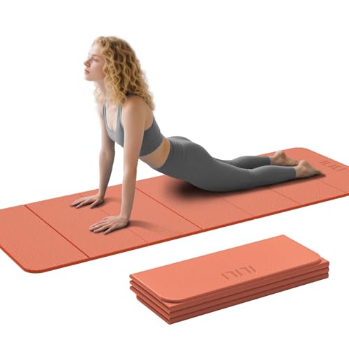 ILILI Foldable Yoga Mat 71 * 24 * 0.3 Inch | Lightweight TPE Non Slip Exercise Mat, Waterproof Portable Fitness Mat for Home Gym, Pilates, Stretching & Daily Workouts - color: Orange