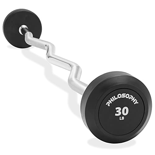 Philosophy Gym Rubber Fixed Barbell, Pre-Loaded Weight EZ Curl Bar for Strength Training & Weightlifting - style: 30 LB