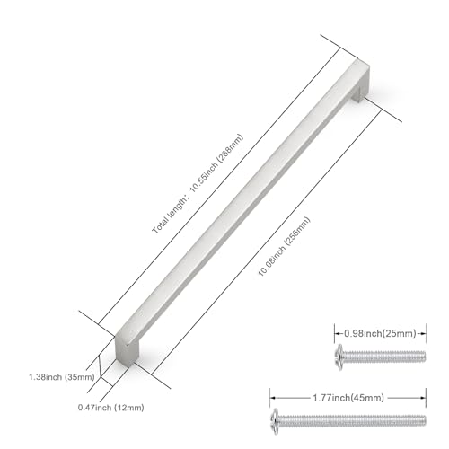 Probrico 5 Pack Hole Centers 10 inch Brushed Satin Nickel Cabinet Handles,Square Kitchen Drawer Pulls,Stainless Steel Dresser Pull Handle 10.5inch Length - color: Brushed Nickel, size: Hole Center: 256mm(10inch)