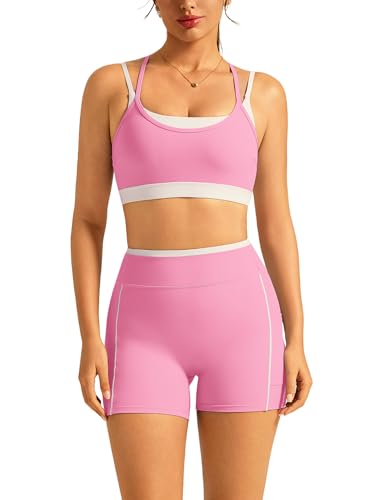 Double Layer Workout Sets for Women 2 Piece Matching Gym Set High Waist Shorts with Pockets Sports Bra Yoga Pilates Outfits - color: Pink, size: Small