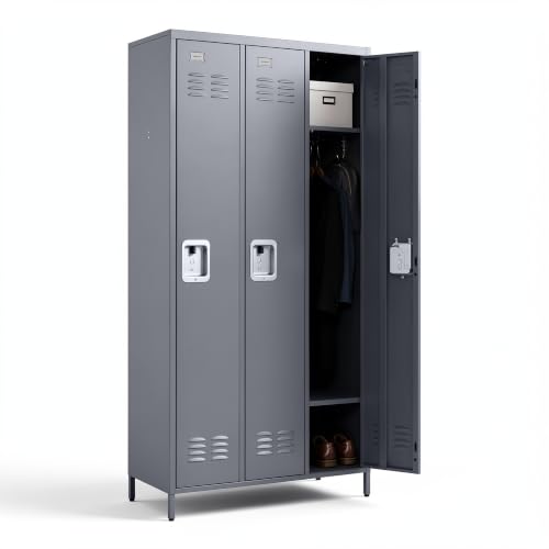 72" Height Metal Locker for Employees with 3 Door,Heavy Duty Steel Storage Lockers with Card Slot for Home Office School Gym Garage,Locker with Lock for Sports,Employees,Assembly Required - color: Grey