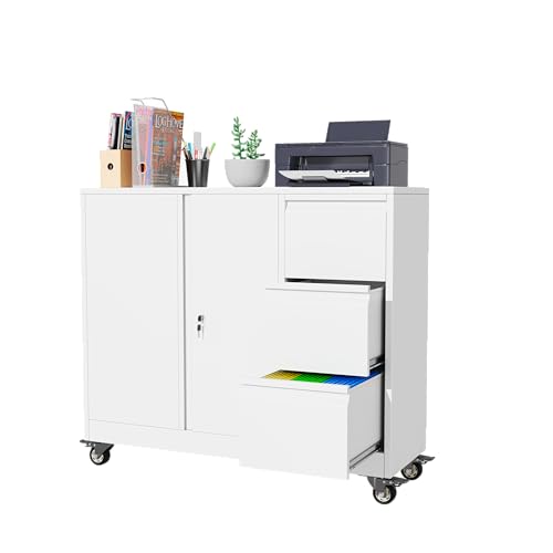 Mobile Large Lateral File Cabinet 3-Drawer,Home Office Rolling Filing Storage Cabinets with Lock & Wheels,Metal Printer Stand Office Storage A4,Letter Legal File Folders - color: White, size: 3Draws