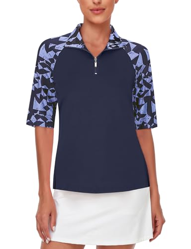 Cucuchy Womens Golf Shirt Half Sleeve Quarter Zip Polo Tennis Shirts Workout Tops - color: B-geometry Black, size: XX-Large