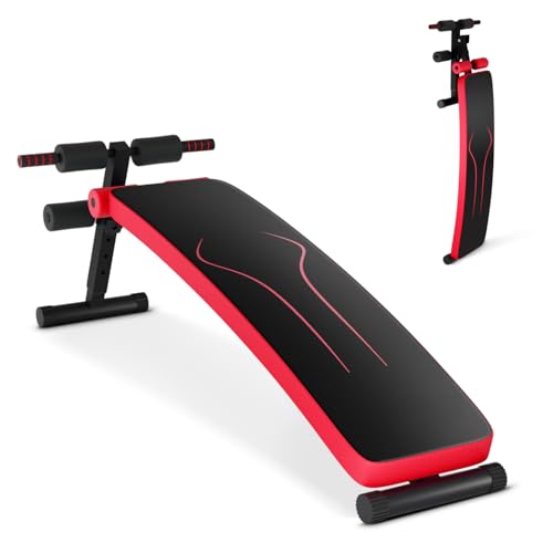 GYMAX Sit up Bench, Folding Adjustable Workout Bench for Ab Exercise, Curved Incline/Decline Slant Bench, Foldable Strength Training Weight Bench, Situps Abs Workout Equipment - color: Red