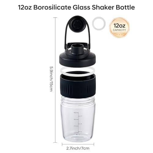 12oz Glass Shaker Bottle for Protein, 2 Pack Small Borosilicate Glass Protein Powder Leak-Proof Shaker Cup Mixes with 304 Blending Ball(12oz,Black) - color: 2 Pack-Black, size: 12oz