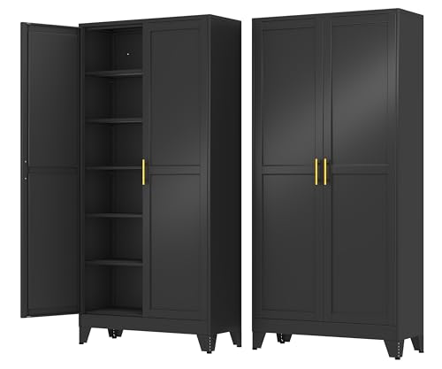 Metal Storage Cabinet with 2 Doors and 5 Adjustable Shelves - 75.2" Steel File Cabinet,Tool Cabinets for Office,Home,Garage,Gym,School (Black) - color: Black, size: 75.2H