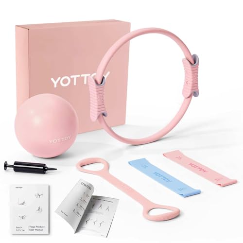 YOTTOY Pilates Ring and Ball Set, Figure 8 Resistance Bands, Stretch Bands&Guide,Pilates Equipment Set for Beginners for Home Workouts Core Strength, Yoga, Physical Therapy & Rehab - color: Pink, size: 15 Inch