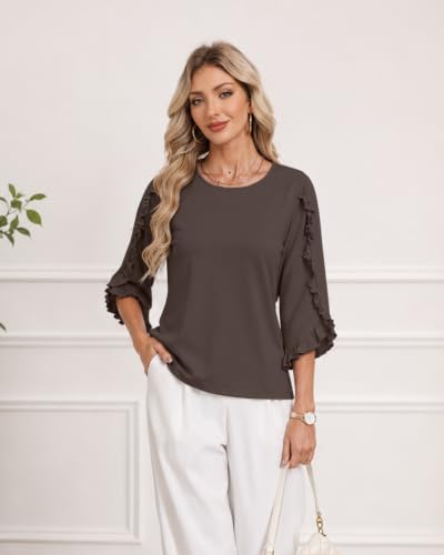 3/4 Length Sleeve Womens Tops Crewneck Ruffle Sleeve Shirts Dressy Casual Blouse Summer Fall Fashion Business Outfit - color: Coffee Brown, size: Small