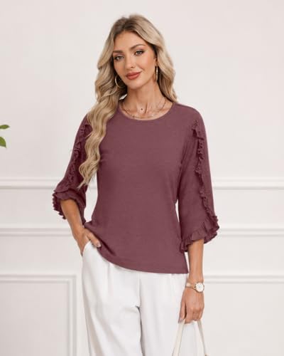 3/4 Length Sleeve Womens Tops Crewneck Ruffle Sleeve Shirts Dressy Casual Blouse Summer Fall Fashion Business Outfit - color: Redwood, size: X-Large