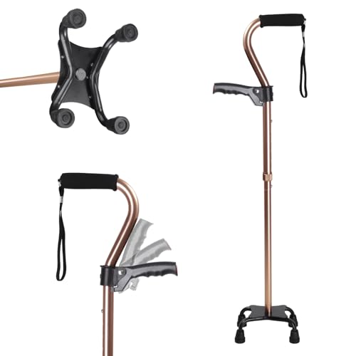 Adjustable Walking Cane for Men & Women – 4-Pronged Base for Stability – Foldable Cane for Seniors with Foam Padded Offset Handle(Champagne)
