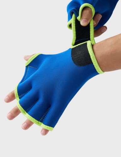 FitsT4 Sports Aqua Gloves Webbed Paddle Swim Gloves Fitness Water Aerobics - color: Blue/Neon Yellow, size: Large