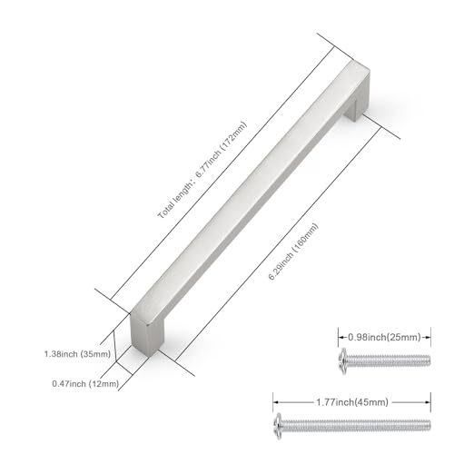 Probrico 5 Pack Hole Centers 6.25inch Brushed Satin Nickel Cabinet Handles, Stainless Steel Kitchen Drawer Pulls,Square Corner Bar Dresser Pull Handle 6.75inch Length - color: Brushed Nickel, size: Hole Center: 160mm(6.3inch)