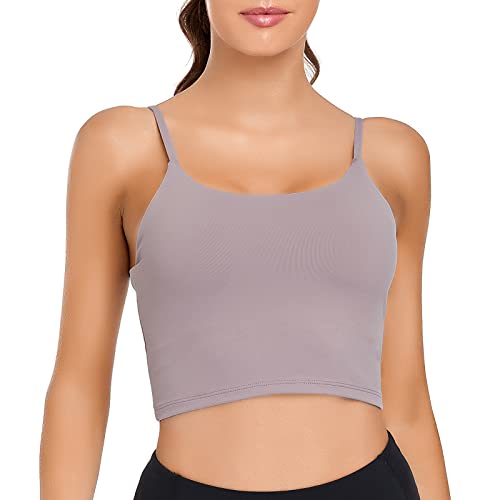 Lemedy Women Padded Sports Bra Yoga Tank Top | Light Support, Longline, Fitness Workout Running Shirts, Removable Pads, Spaghetti Straps, for Women - color: Lavender Grey, size: Medium