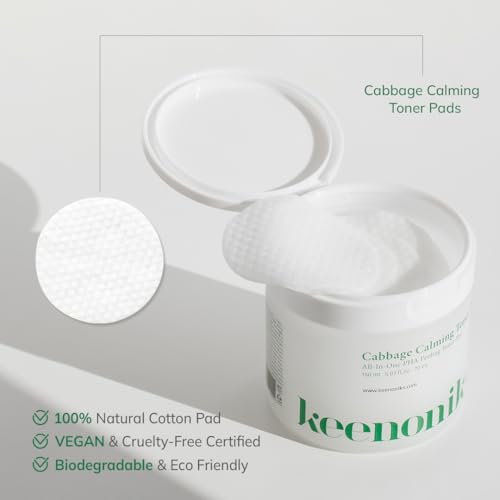 keenoniks Cooling & Pore Care Toner Pads – Redness Relief + Gentle Peeling with Cabbage Extract & PHA – Korean Skincare - 70 Pads (5.07 oz) - color: Green